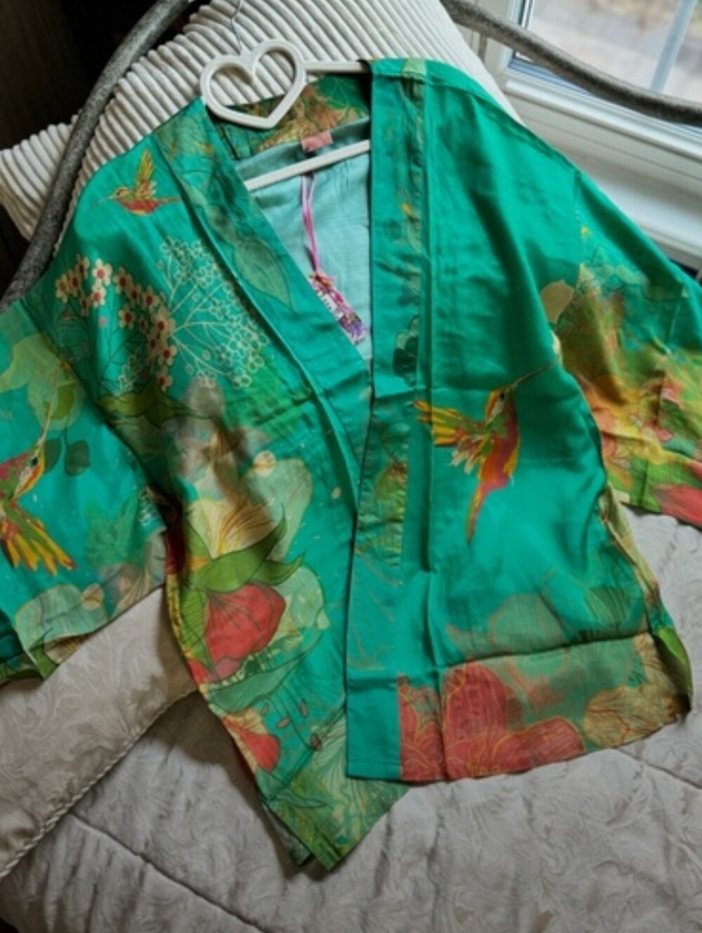 Powder NWar Green Hummingbird And Floral Short Kimono-Style Jacket